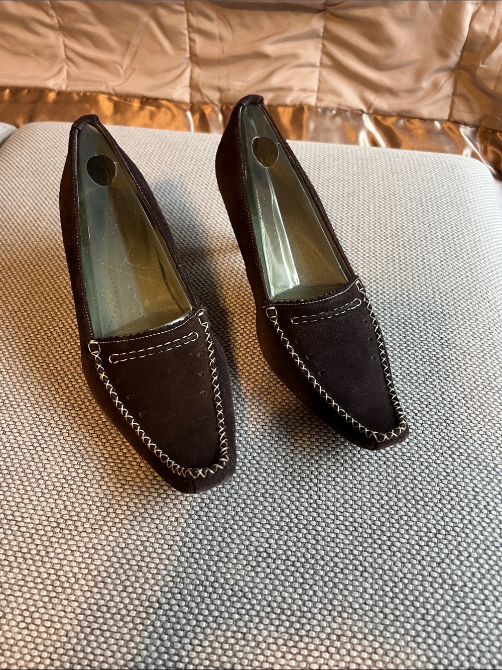 Clarks Dark Brown Suede Pointed-Toe Heels with Contrast Stitching